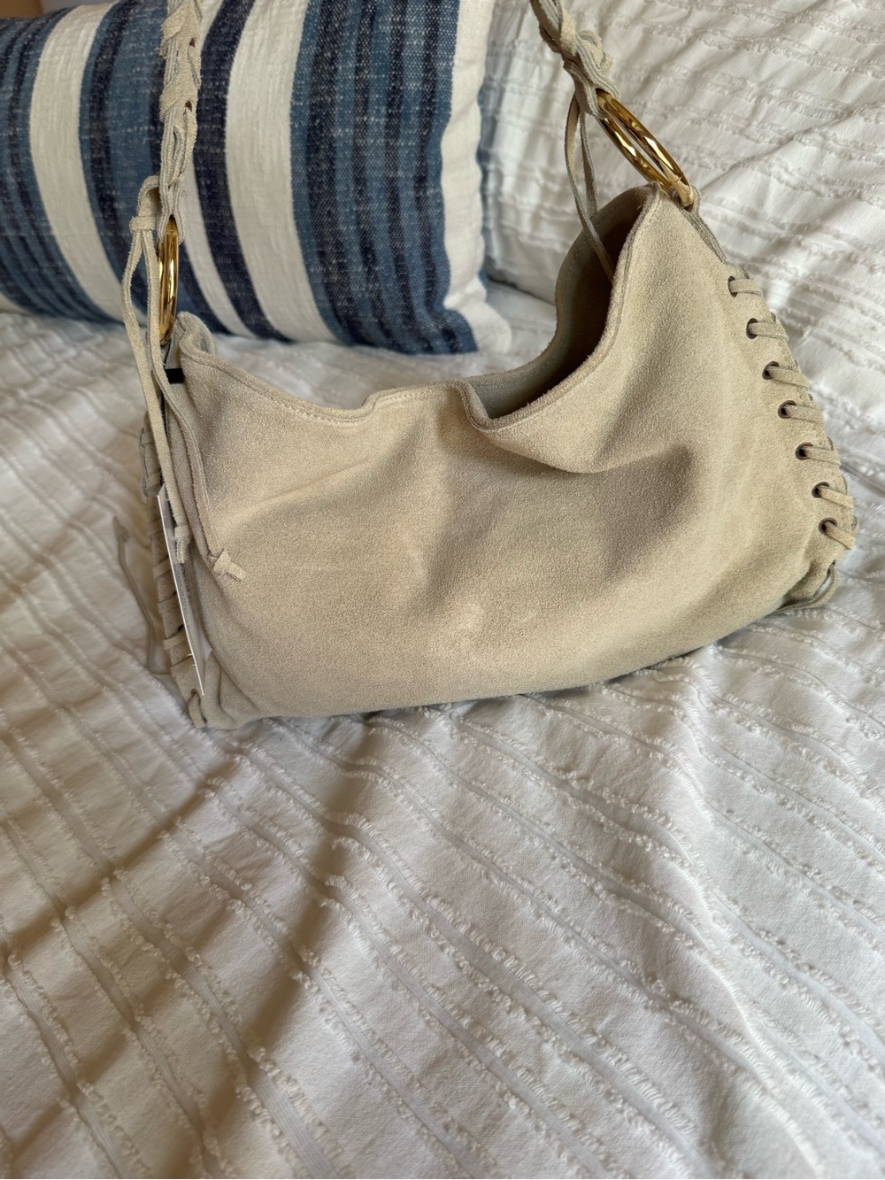 Beige Suede Shoulder Bag with Gold Rings